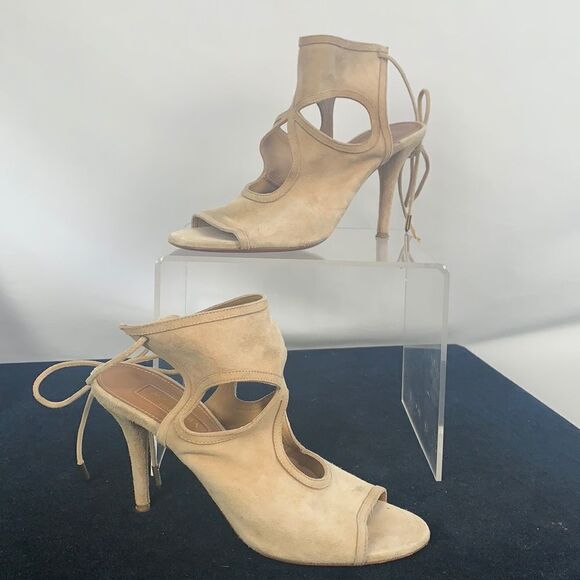 Aquazzura tan suede tied cutout heels